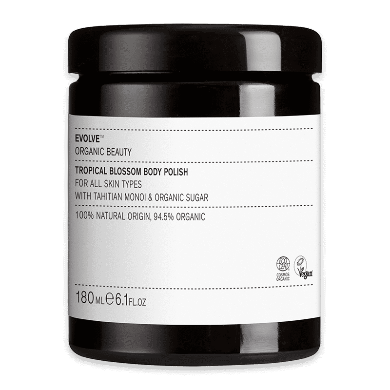 Evolve Organic Beauty Tropical Blossom Body Polish, 180 ml, für alle Hauttypen, mit Tahitian Monoi und Bio-Zucker, 94,5% Bio.