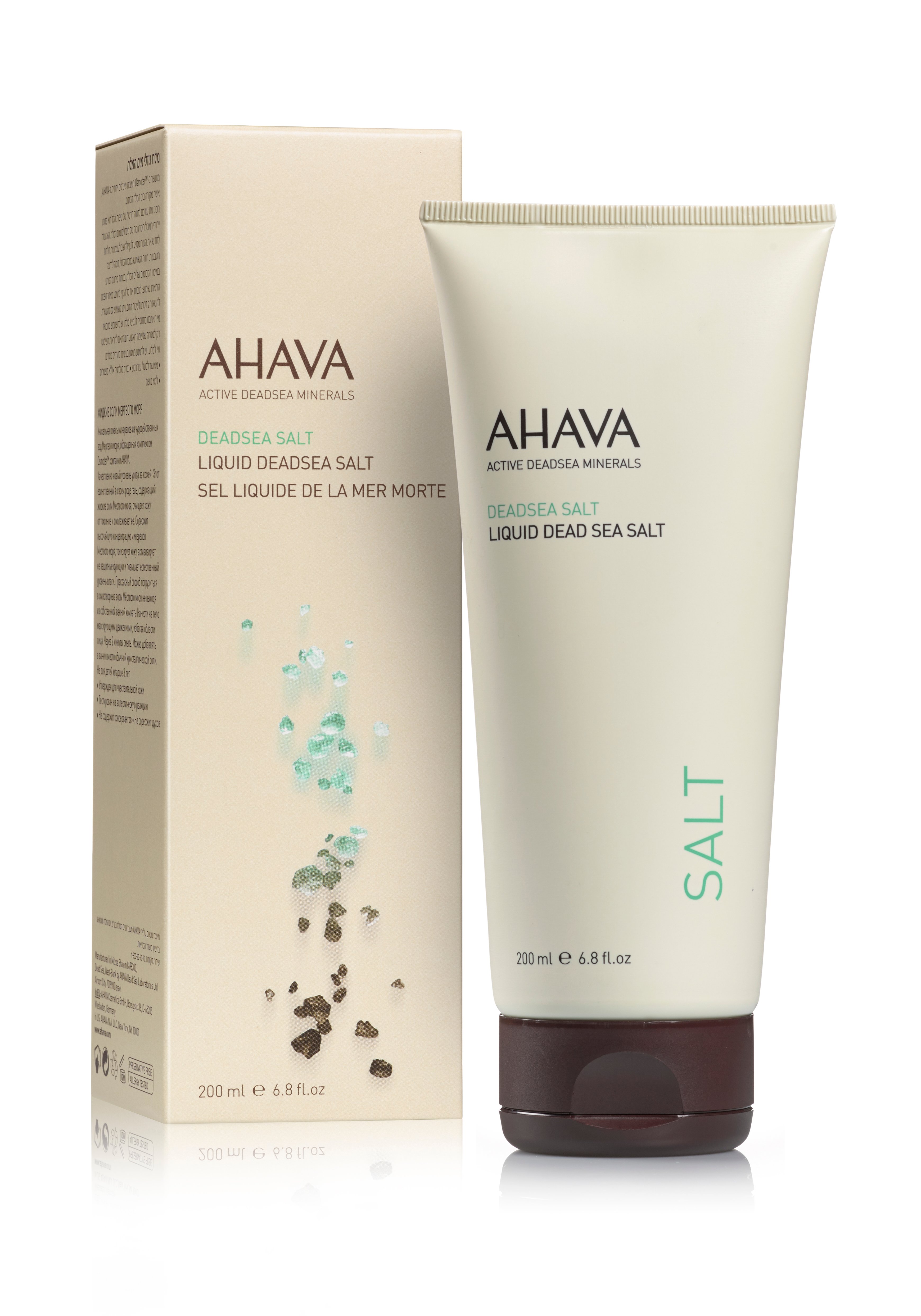 0697045150342 AHAVA Totes Meer Salz Flüssigkeit 200 ml Tube neben Verpackung mit Produktbeschreibung.