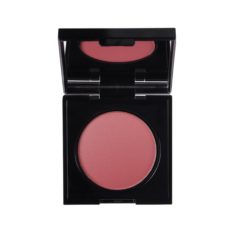 KORRES-WILD-ROSE-ROUGE-DUSTY-ROSE-24 KORRES Wild Rose Rouge in der Farbe Dusty Rose, geöffnetes schwarzes Kompaktgehäuse mit Spiegel.