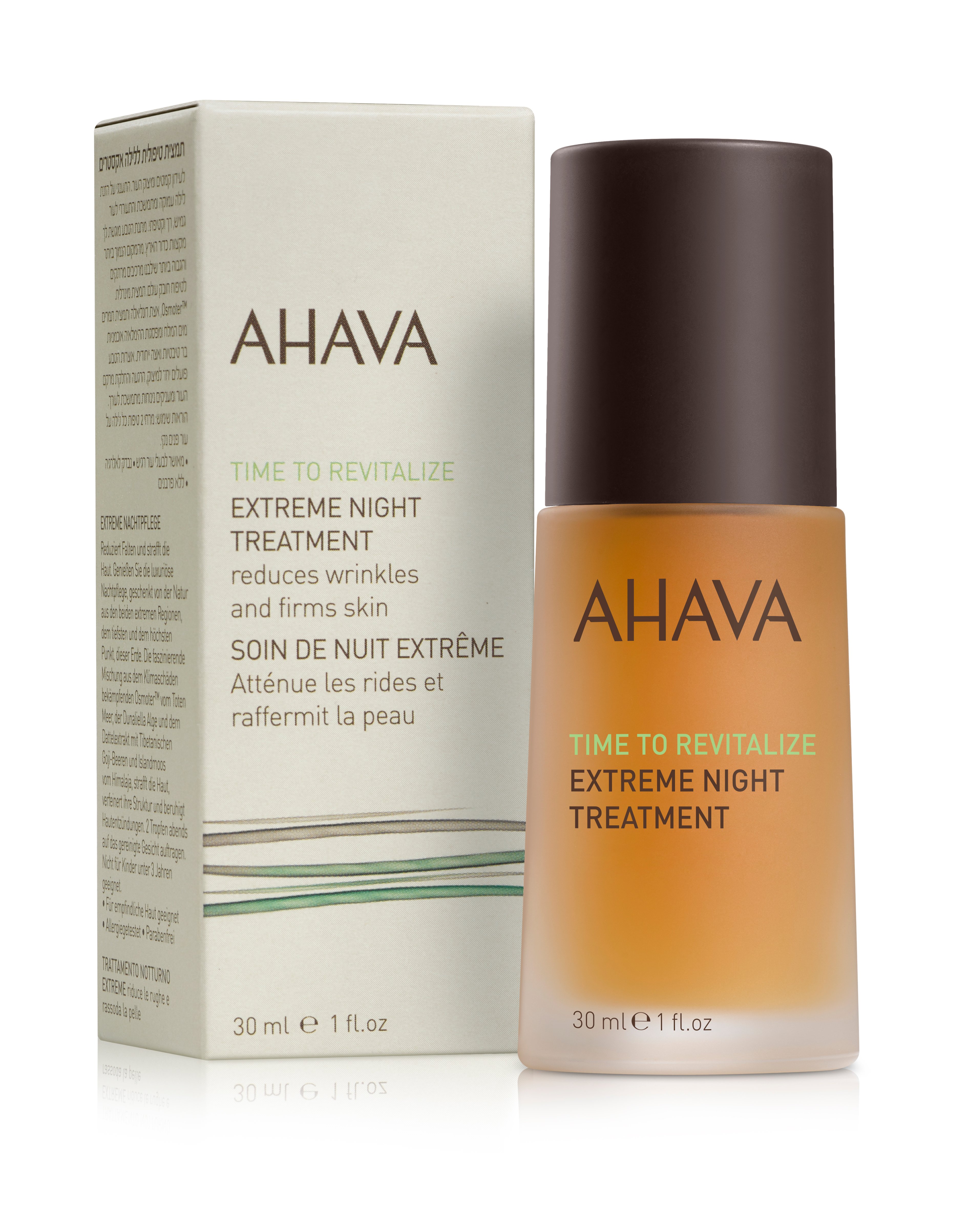 0697045154395 Ahava Time to Revitalize Extreme Night Treatment, 30 ml Flasche und Verpackung, reduziert Falten und strafft die Haut.