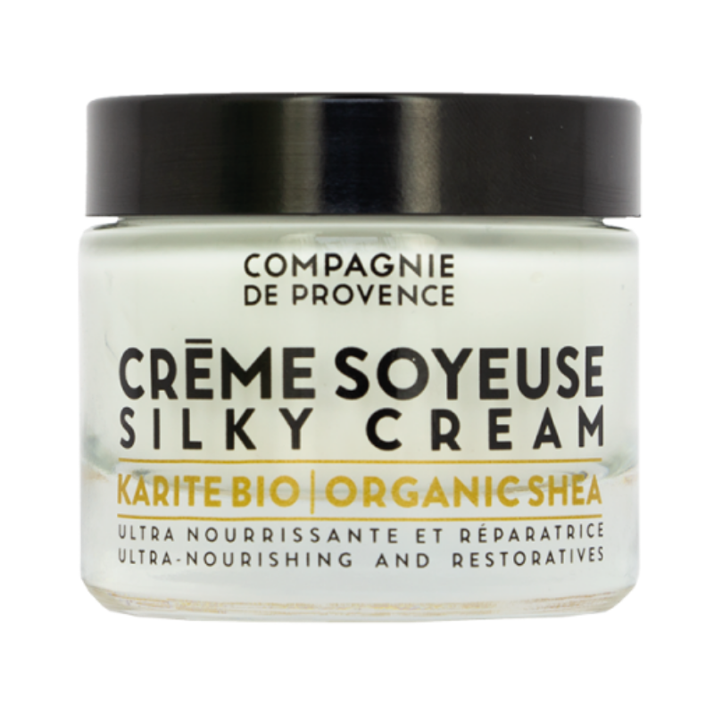 Glasbehälter mit Crème Soyeuse Silky Cream von Compagnie de Provence, Karité Bio, ultra-nährend und reparierend.