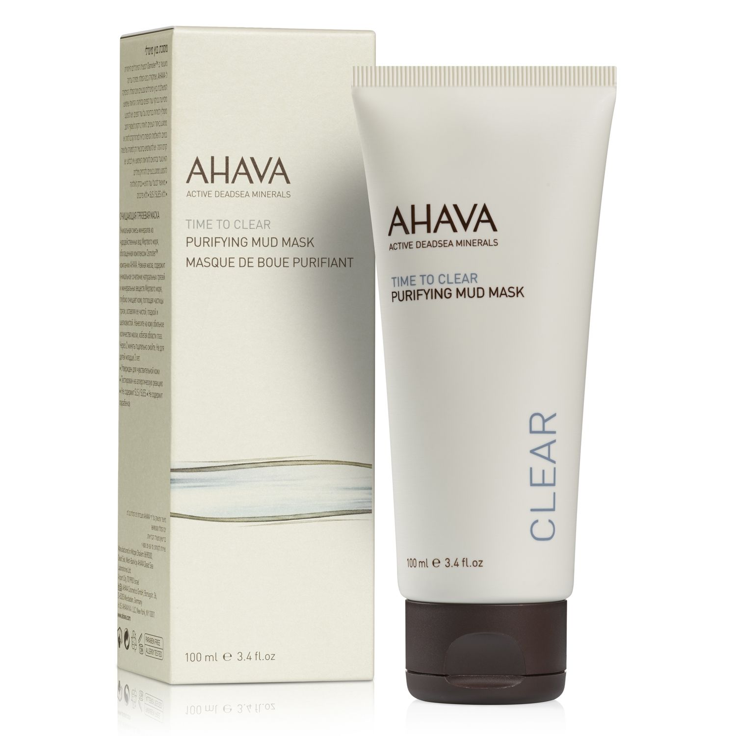 image_107854_1 AHAVA Time to Clear Purifying Mud Mask, 100 ml Tube, neben der Verpackung.