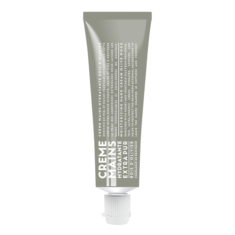 Handcreme in grauer Tube mit weißer Aufschrift, 30ml, Olivenholz-Duft.