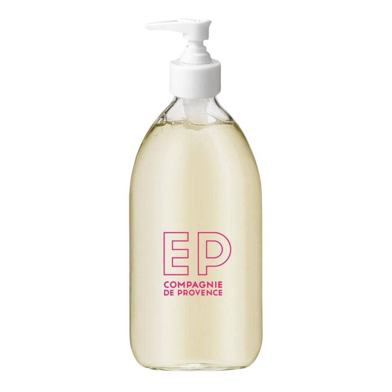 Eine durchsichtige Flasche mit weißem Pumpspender und rosa Aufschrift 'EP COMPAGNIE DE PROVENCE'.