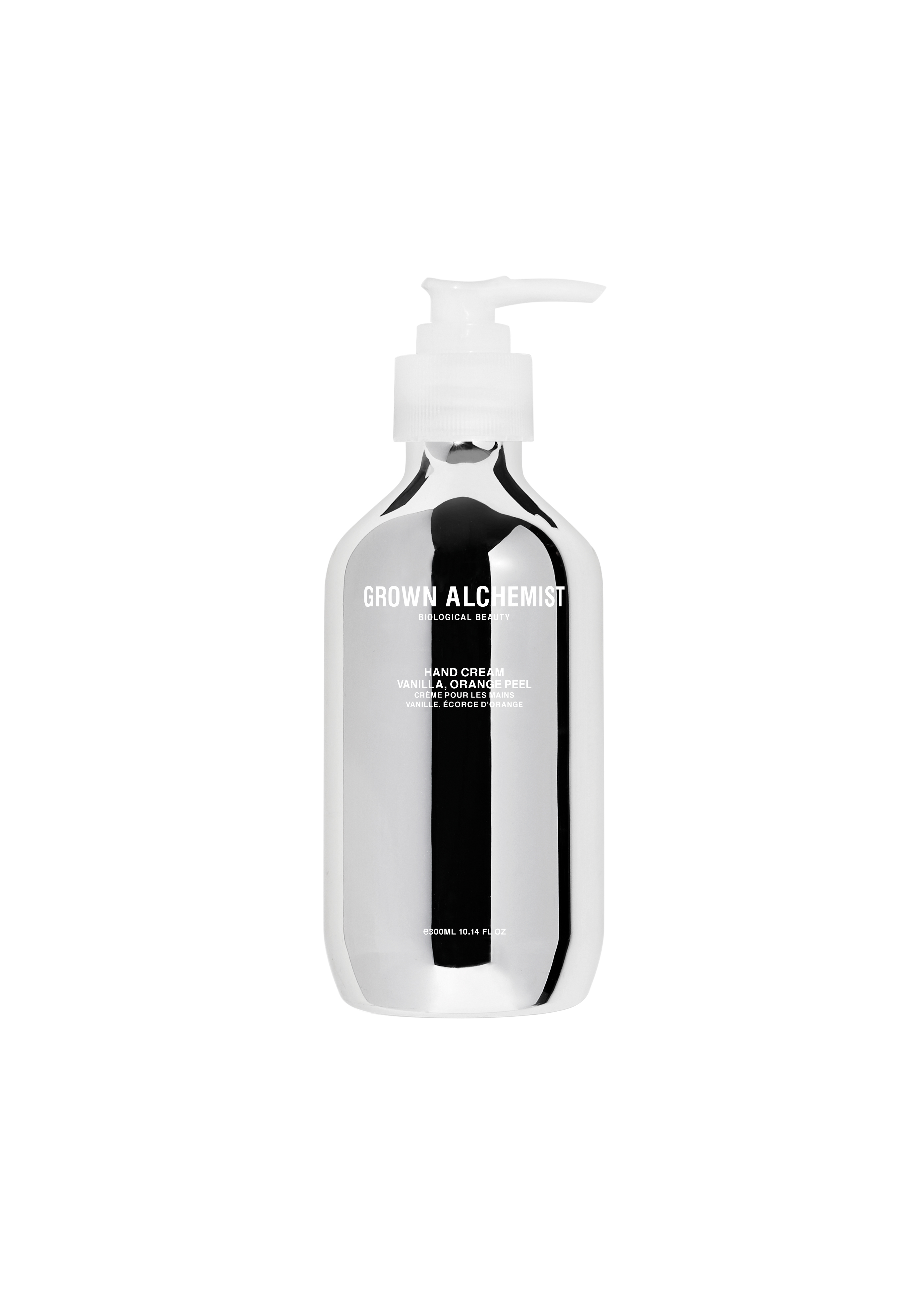 Grown Alchemist Handcreme 300ml in silberner Flasche mit Pumpspender.