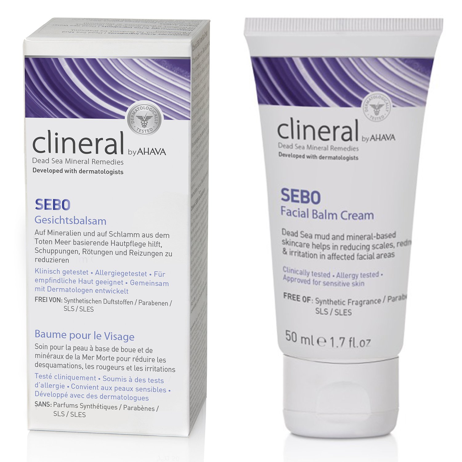 SEBO-Facial-Balm-Cream SEBO Gesichtsbalm-Creme von Clineral by AHAVA, 50 ml Tube und Verpackung, entwickelt mit Dermatologen, für empfindliche Haut.