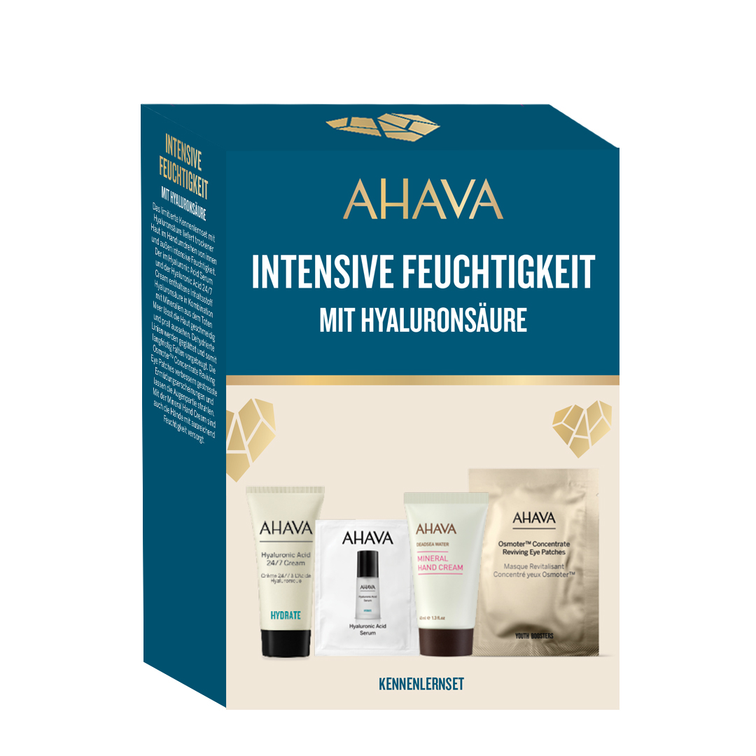 0697045016495 Verpackung von AHAVA Intensive Feuchtigkeit mit Hyaluronsäure Kennenlernset, bestehend aus vier Pflegeprodukten.