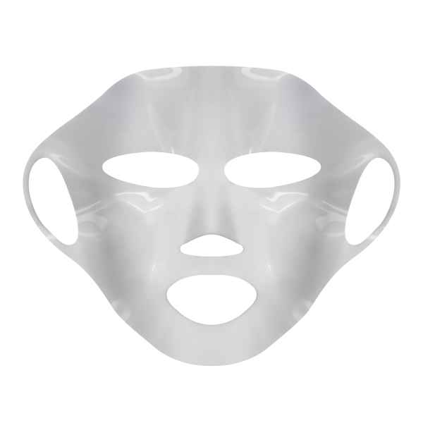 Weiße Gesichtsmaske mit Öffnungen für Augen, Nase und Mund, auf weißem Hintergrund.