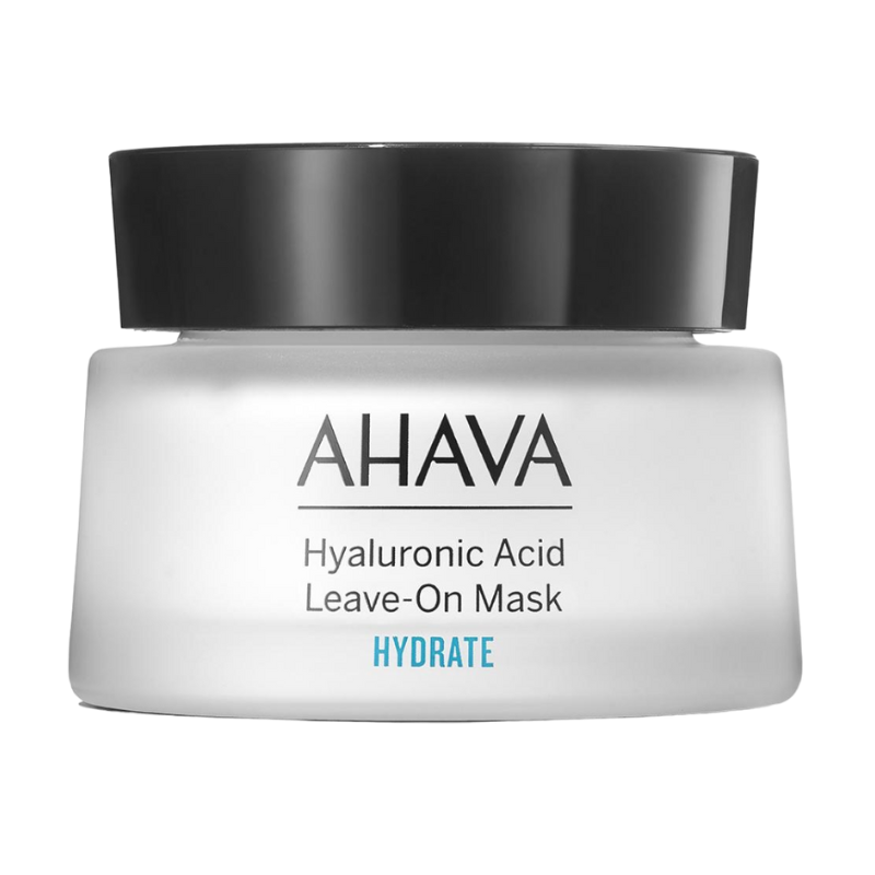 AHAVA Hyaluronic Acid Leave-On Maske in einem weißen Behälter mit schwarzem Deckel.