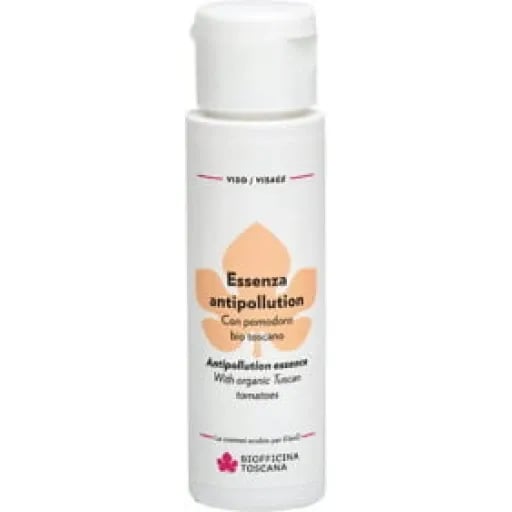 Flasche mit Essenza Antipollution, Bio Toscana, Gesichtspflege, weiße Verpackung mit beigem und rotem Text.