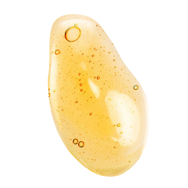 Gelartige Textur des TEAOLOGY Peptide Infusion Color Serums mit kleinen Bläschen, transparent und goldfarben.