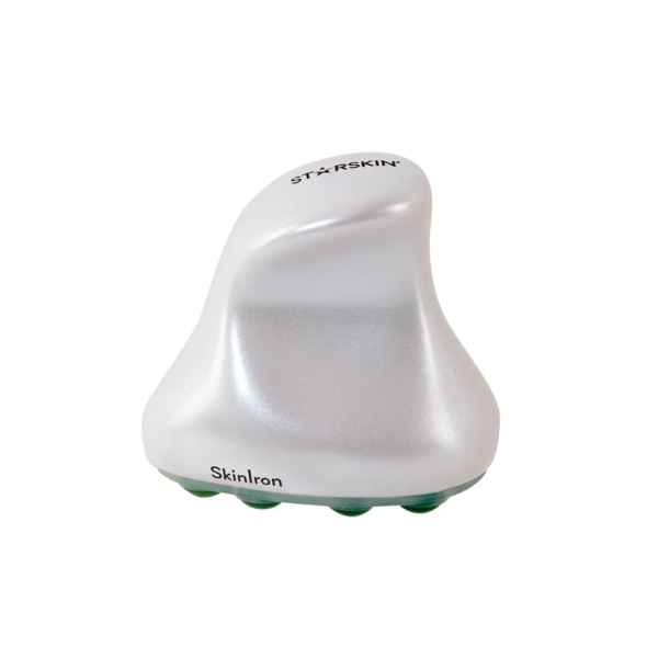 Ein weißes STARSKIN SkinIron-Massagegerät mit grünen Massageköpfen.