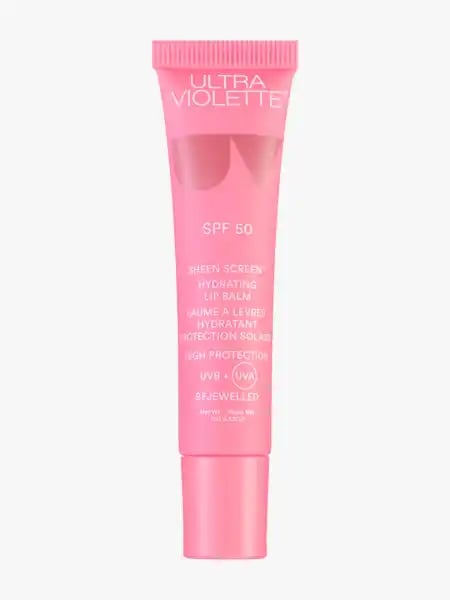 Rosa Lippenbalsam-Tube von Ultra Violette mit SPF 50 und der Aufschrift 'Sheen Screen Hydrating Lip Balm'.