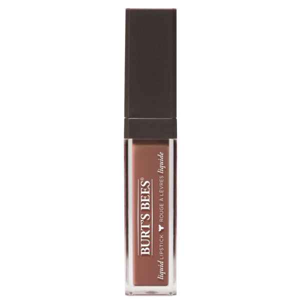 Burt's Bees Flüssig-Lippenstift in brauner Farbe in einer rechteckigen Flasche mit schwarzem Deckel.
