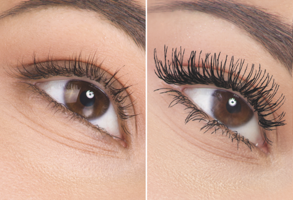 Nahaufnahme eines Auges vor und nach dem Auftragen von Mascara, links ohne Mascara, rechts mit Mascara.