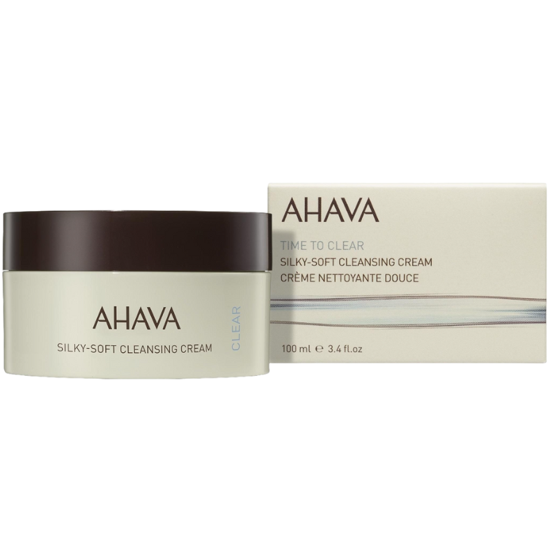 AHAVA Silky-Soft Cleansing Cream, 100 ml, in einer runden Dose neben der Produktverpackung.