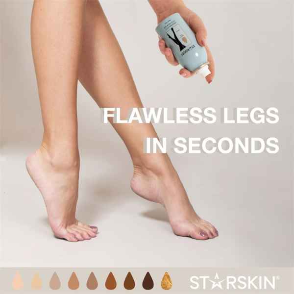 Person sprüht Produkt auf Beine, Text 'FLAWLESS LEGS IN SECONDS', verschiedene Hauttöne und Logo 'STARSKIN' unten.