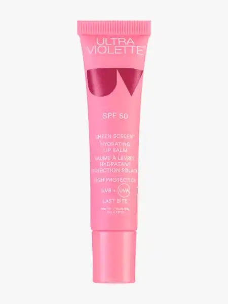 Rosa Lippenbalsam-Tube 'Ultra Violette Sheen Screen' mit SPF 50, 15g, auf weißem Hintergrund.