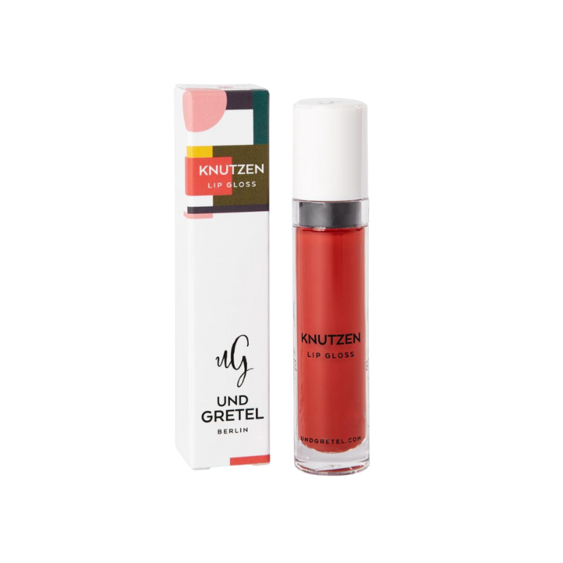 UND GRETEL KNUTZEN Lip Gloss 04 Matte Sunrise Red, Produktbild mit Verpackung und Lipgloss-Flasche.
