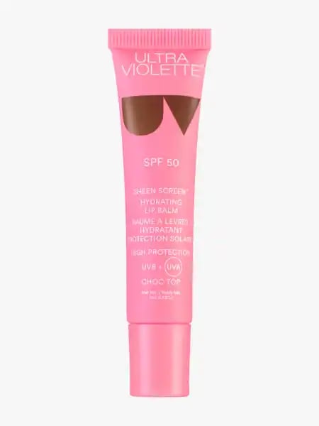 Rosa Lippenbalsam-Tube mit SPF 50 von Ultra Violette, Produktname 'Choc Top'.